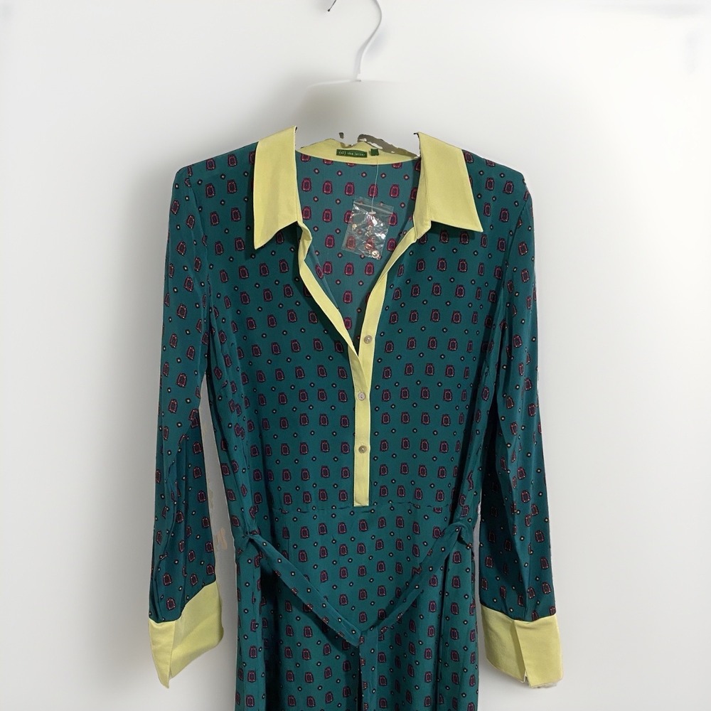{tl} The letter 100% Silk Shirt Dress‎  Teal Green Yellow Geometric Print Size L - Picture 2 of 7